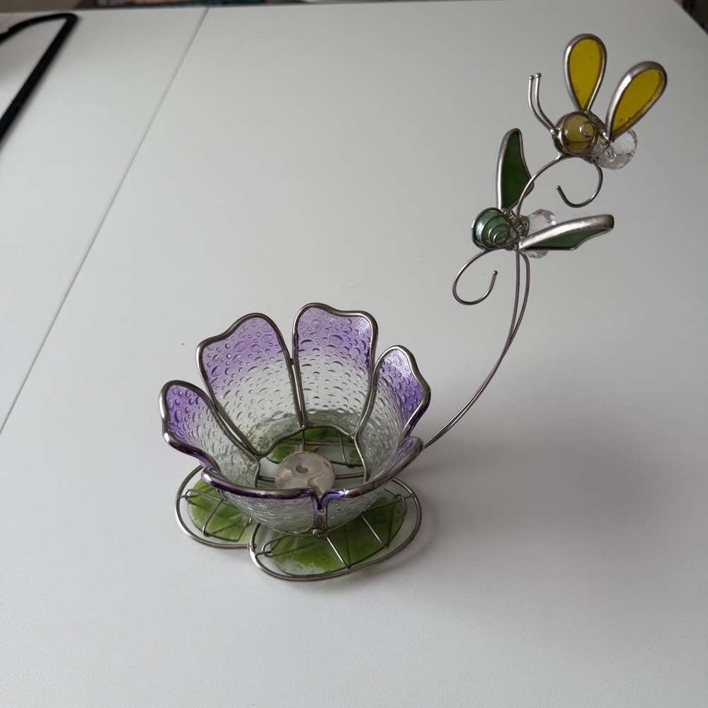 Stained Glass Flower And Butterfly Tea Candle Holder Boho Cottage Core Vintage‎